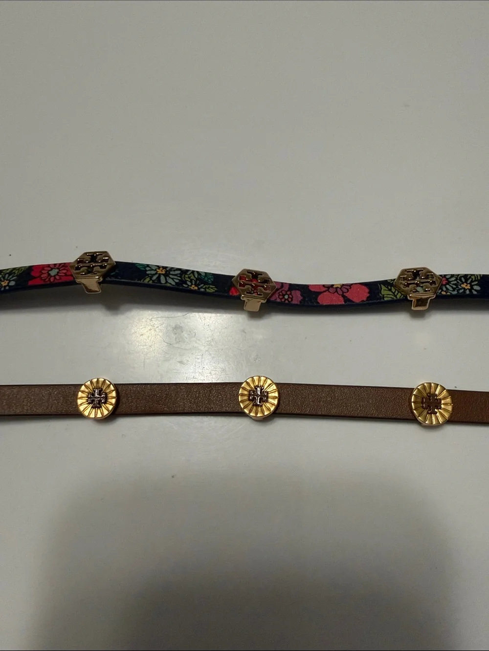 TWO Tory Burch blue floral and Brown Leather Women's bracelets